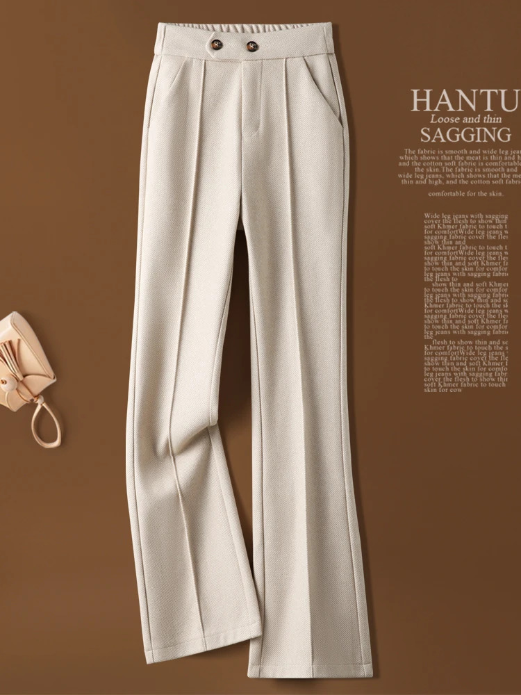 Herringbone Woolen Women's Autumn And Winter New Elastic Waist Flare Pants Fashion Warm Comfort Black Trousers Women