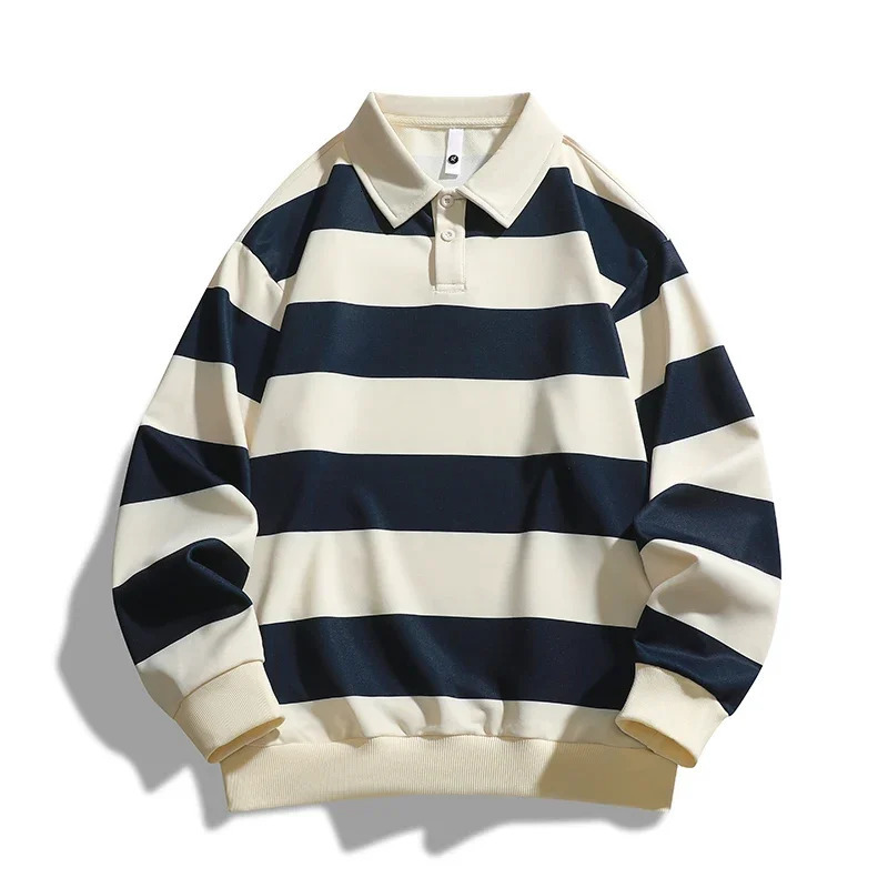 Mens polo shirt autumn fashion trend striped print casual loose outdoor camping collar top couple long sleeved T-shirt 241204