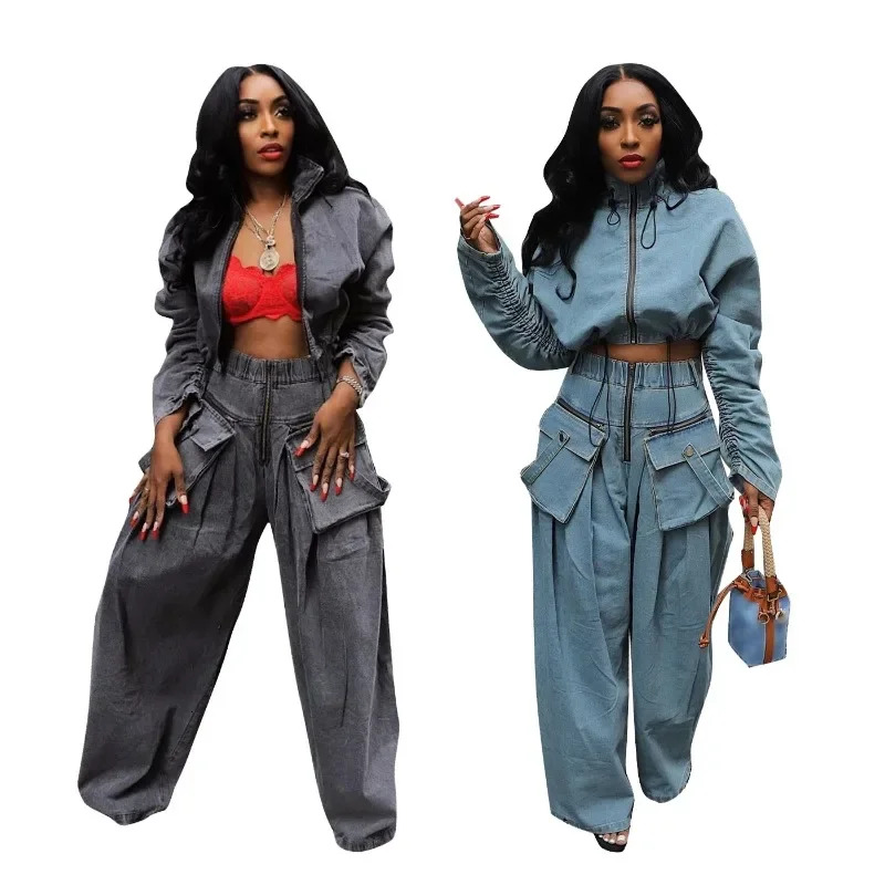 Casual Loose Denim Two Piece Set For Women Streetwear 2023 Autumn Zipper High Collar Crop Top Elastic Waist Wide Leg Cargo Pants