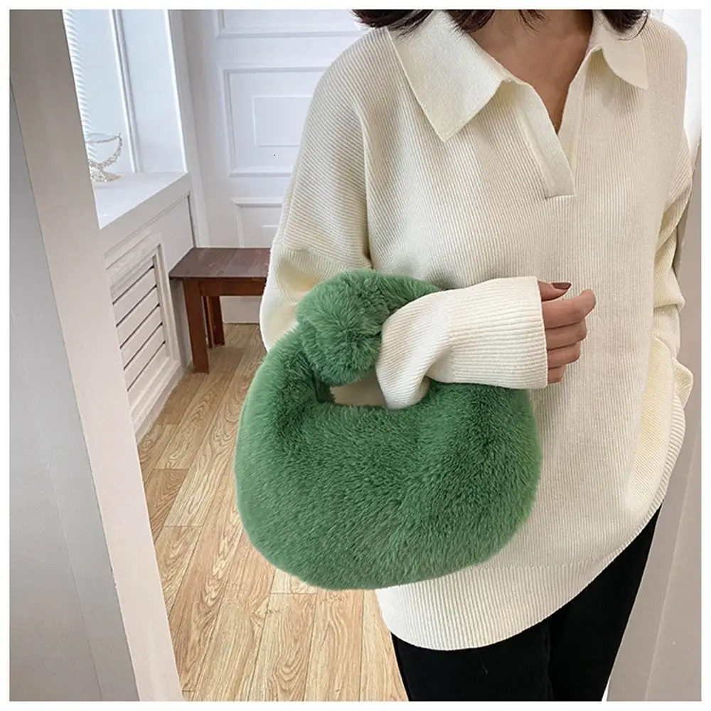 Fur handbag womens small half moon bag warm plush wrist fashionable fur short clutch cute coin wallet 241206
