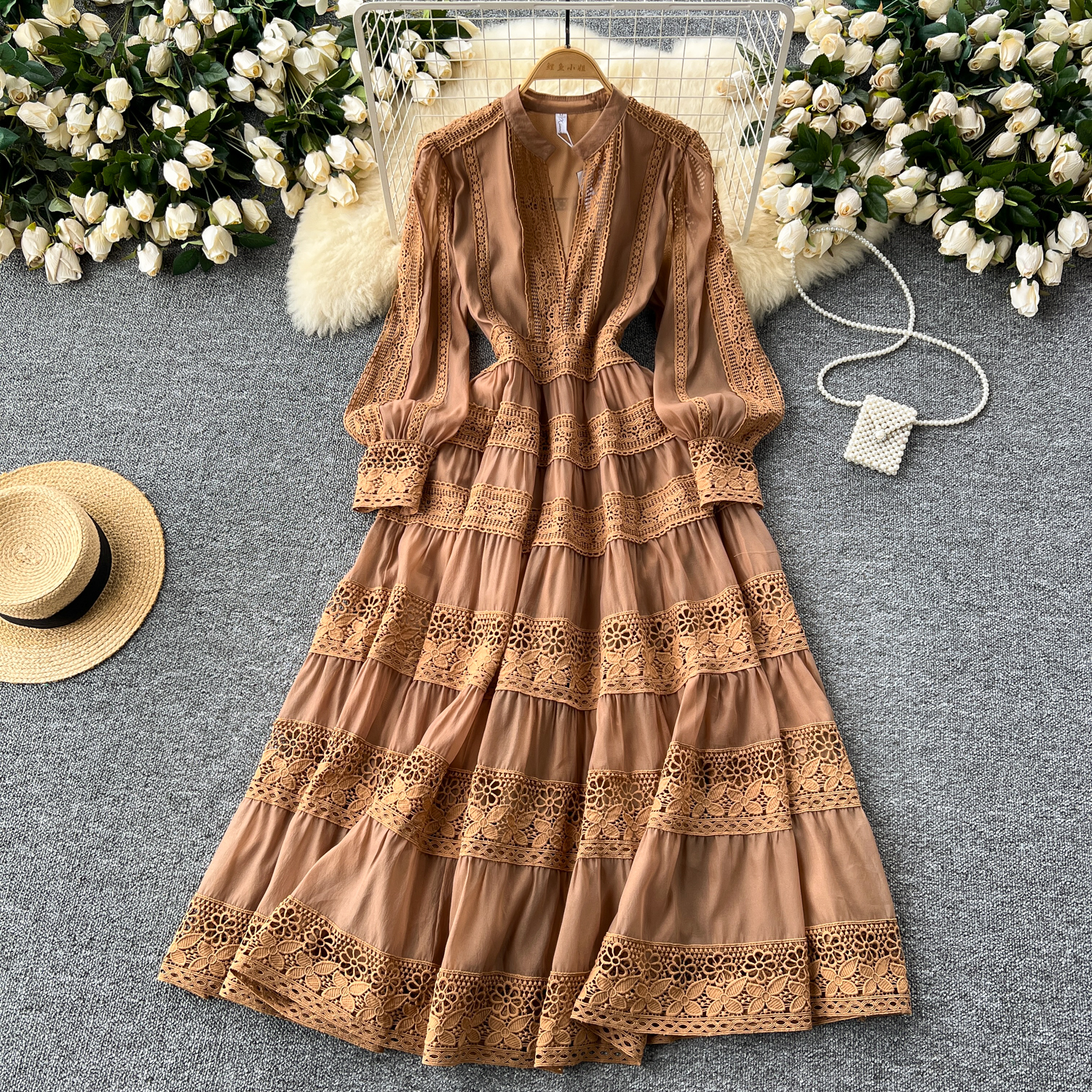 Casual Dresses Women Spring Holiday Hollow Out Embroidery Lace Splice Long Dress Women's V Neck Lantern Sleeve Zipper Evening Party Robe Vestidos