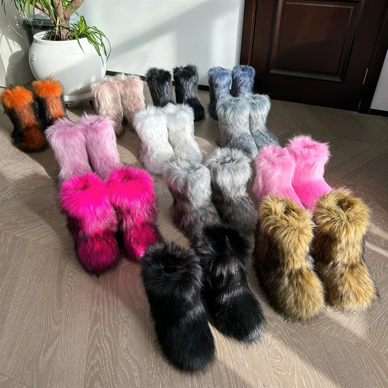 Winter Fur Single piece Raccoon Womens Snow Boots Leather Shoes Outdoor Mid Leg 241206