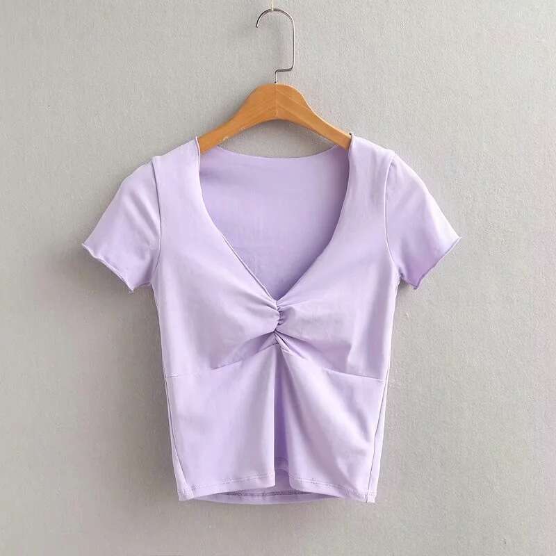 American style INS hot girl summer V-neck low cut pleated T-shirt for women, elastic slim fit high waist solid color short sleeved top, 2024 versatile