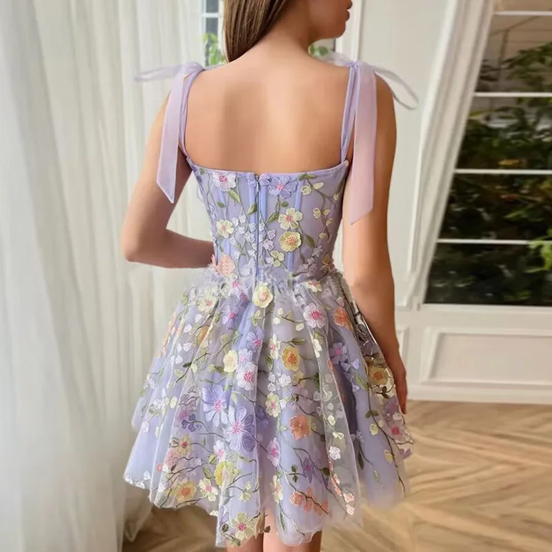 Basic Casual Dresses Designers Evening Prom Holiday Dress For Women Formal Occasions 3D Flower Embroidery Straps Bow Sexy Tulle Lace Vest