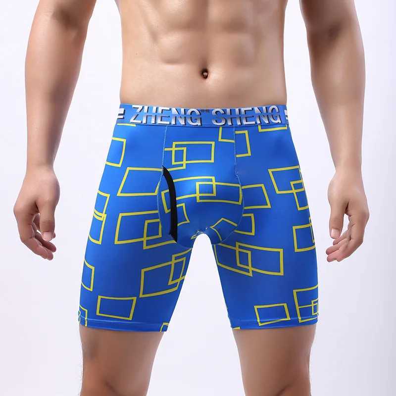 Fashionable printed ice skating fast drying mens long boxing shorts breathable elastic underwear mens long leg underwear Cueca mens X241207