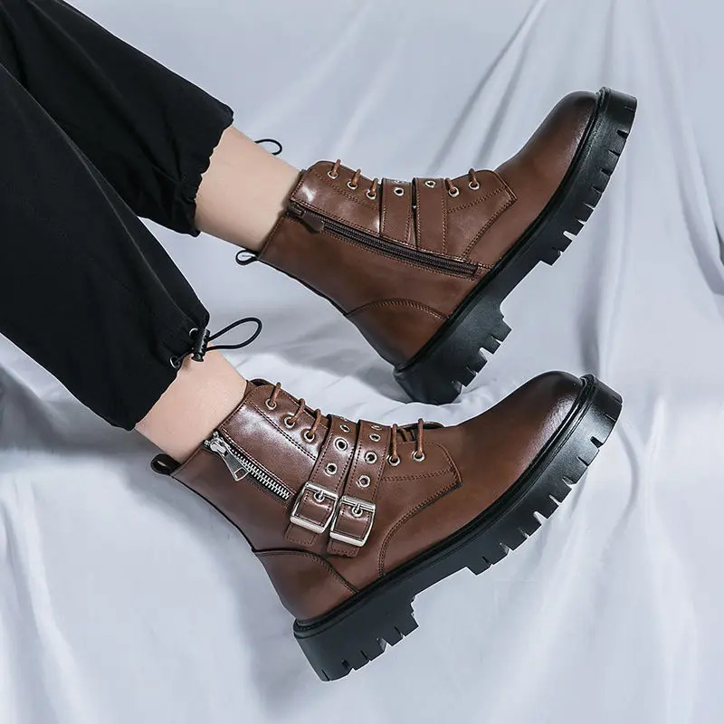 Mens dark functional style high top thick bottom inner high tool autumn high street middle pipe British motorcycle boots 241206