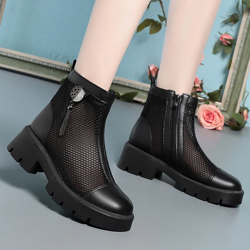 AIYUQI Women Summer Boots Genuine Leather British Fashion Summer Women Boots Mesh Tassel Women Cool Boots