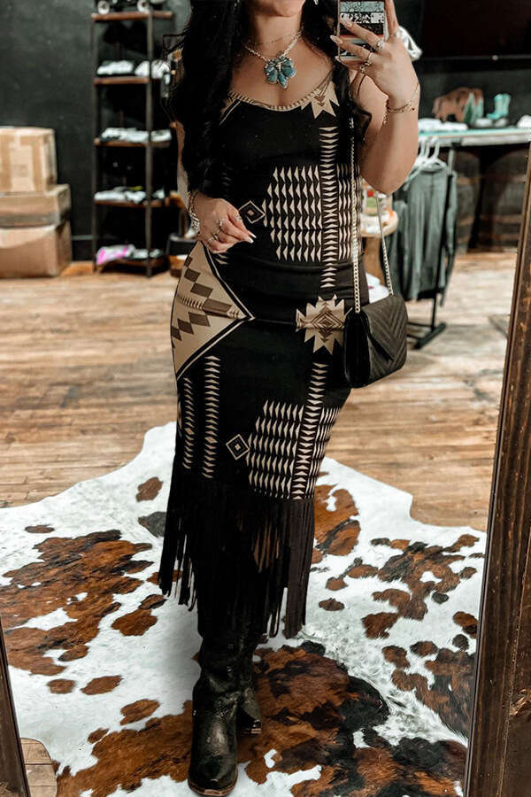 European American women's printed hem tassel suspender 2024 new style chic and elegant clothing