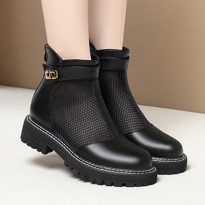 AIYUQI Female Summer Boots British-style Spring Genuine Leather Casual Women Mesh Boots Fashion Ladies Shoes