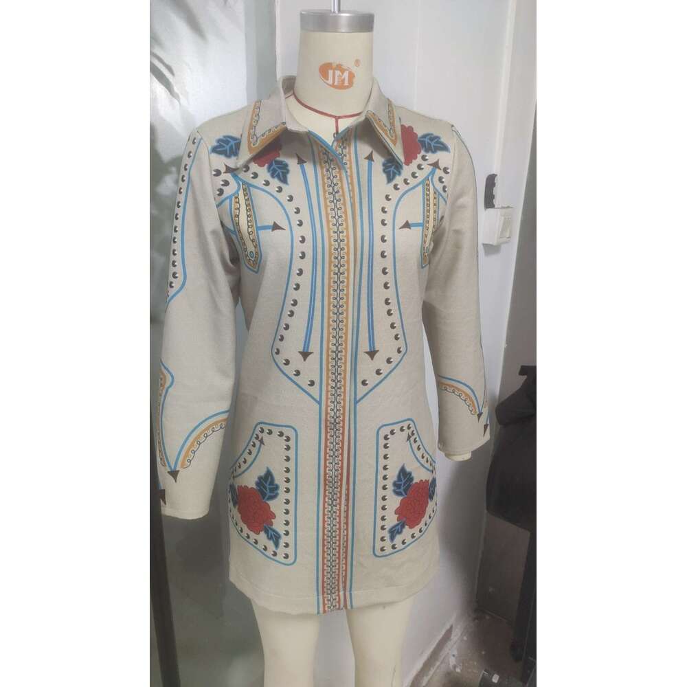 European and American women's retro printed medium long slim fit top jacket 2024 temperament versatile new trend clothing ins