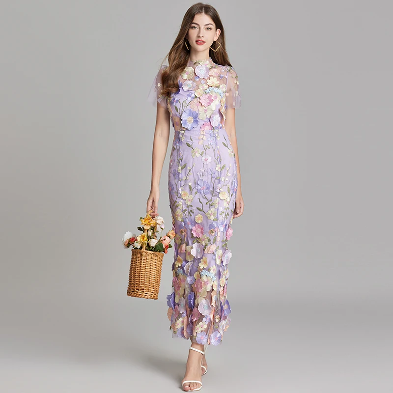 Basic Casual Dresses Summer Embroidery Lace Prom Dress Women French Luxury 3D Flower Fishtail Short Sleeve Long Dresses Party Bodycon Holiday Vestido