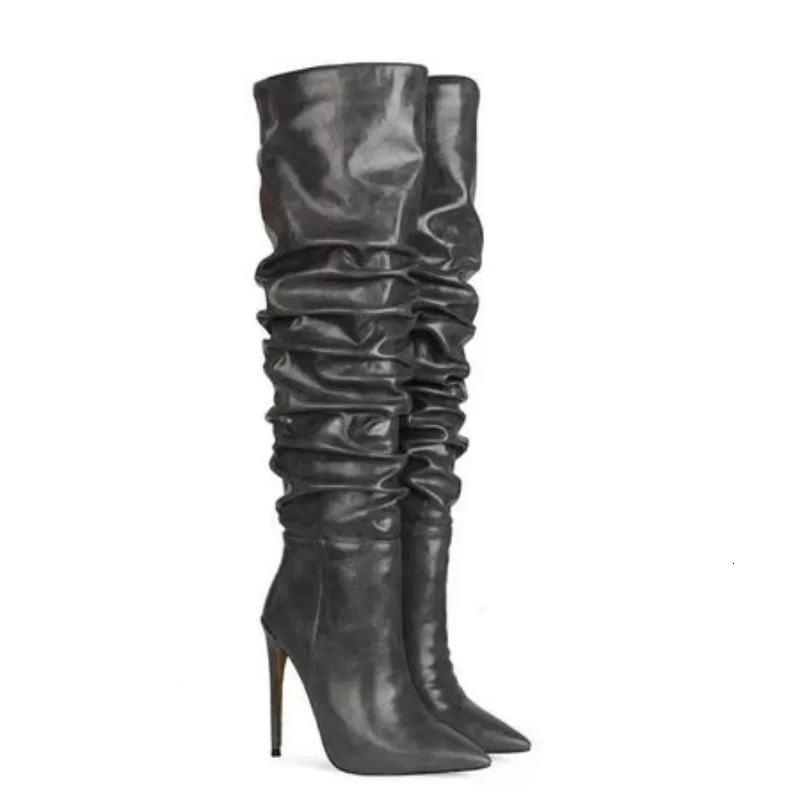 2024 Autumn Winter New Fashionable High-Heeled Pleated Sleeve Boots, European And American Sexy Fashion Runway Boots