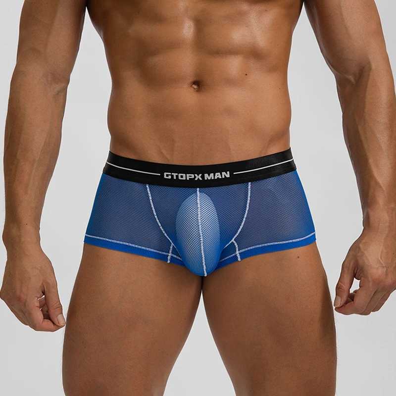 Sexy Ice Silk Mens Underwear Seamless Ultra Thin Full Mesh Boxing Shorts Mens Breathable Quick Drying Hollow Underwear X241207