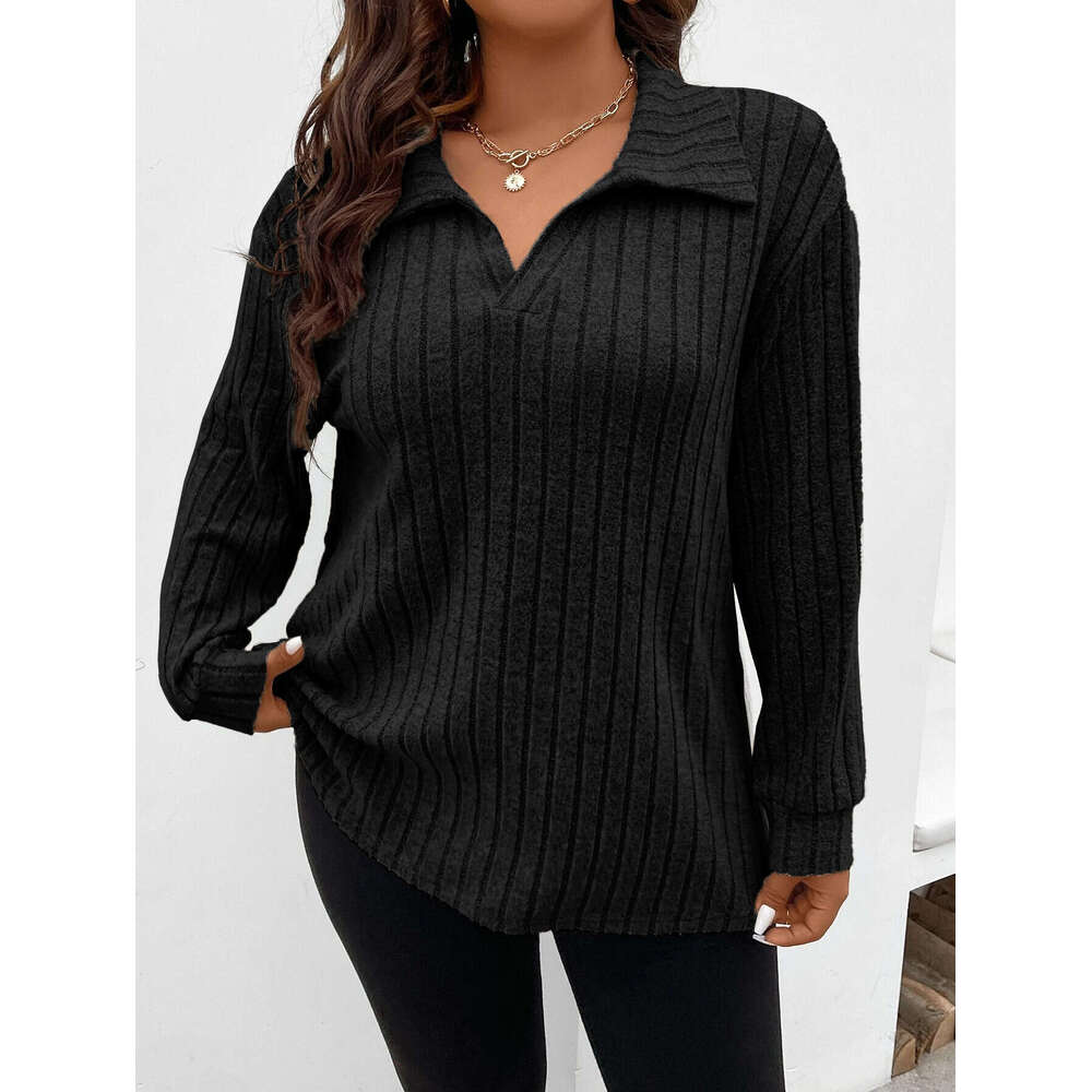 autumn and winter solid color plus size women's top V-neck long sleeved pit stripe brushed T-shirt loose 2024 temperament versatile new trendy cl