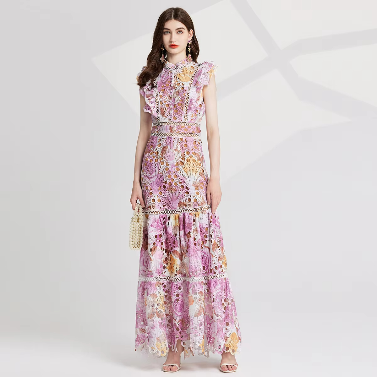 Basic Casual Dresses Summer Autumn Flower Embroidery Maxi Wedding Dress Women Flare Ruffles Sleeve Neck Colorful Long Robe Party Evening Vestidos