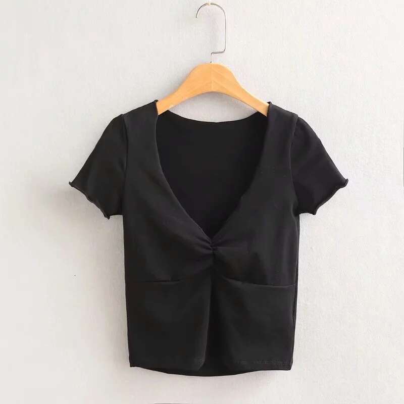 American style INS hot girl summer V-neck low cut pleated T-shirt for women, elastic slim fit high waist solid color short sleeved top, 2024 versatile