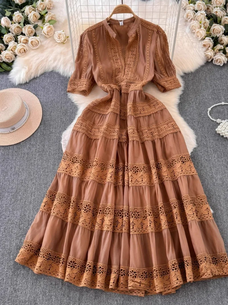 Basic Casual Dresses French Elegant Lace Embroidery Prom Midi Dress Womens V Neck Puff Sleeve High Waist Hollow Out Long Summer Sundress Clothing