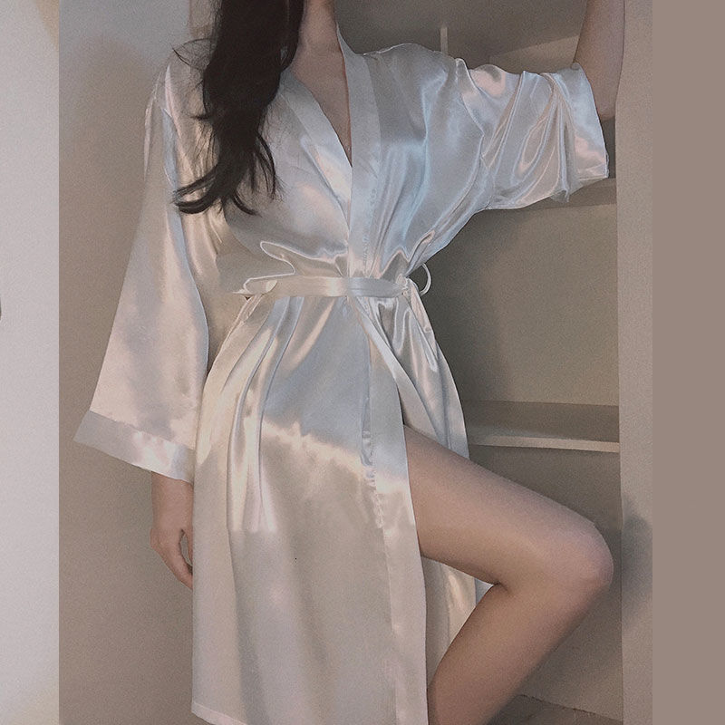 2025 Black sexy pure desire ice nightgown for women in spring and autumn long sleeved thin bathrobe with fashion a feeling of imitation silk pajamas s