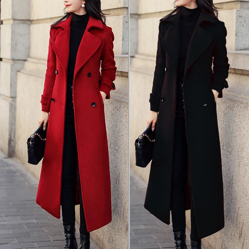 Winter Womens Coat Woolen Long Trench Outerwears Doublebreasted Coats Belt Lapel Warm Streetwear Temperament Tops Jacket S3XL 241202