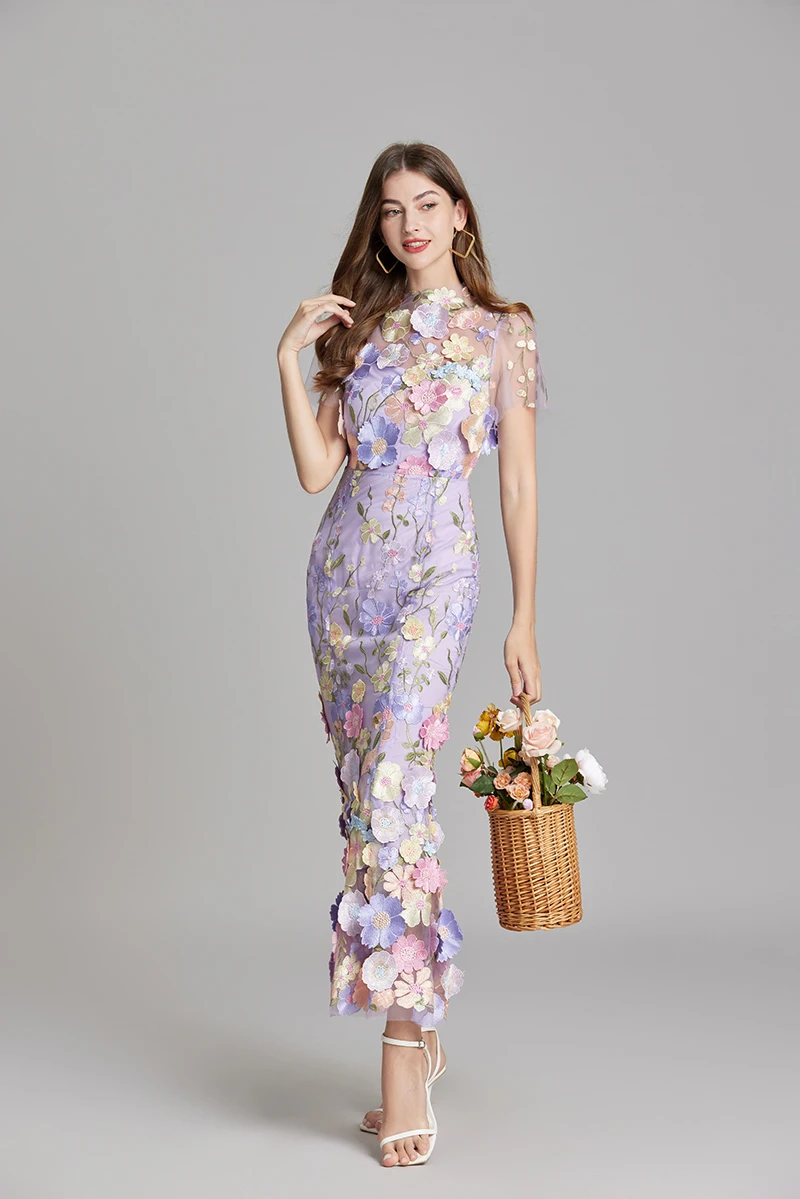 Basic Casual Dresses Summer Embroidery Lace Prom Dress Women French Luxury 3D Flower Fishtail Short Sleeve Long Dresses Party Bodycon Holiday Vestido