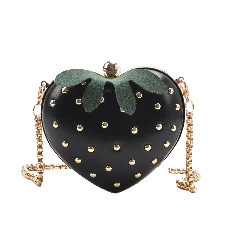 Cute fruit strawberry heartshaped Pu rivet mini fashion womens chain wallet clutch bag shoulder handbag flip Q5 241206