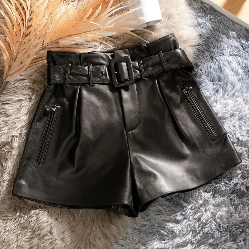 Womens High Waist Shorts Summer Real Sheepskin Womens Ultra Thin Leather Shorts Ropa Para Mujer Zjt2444 241206