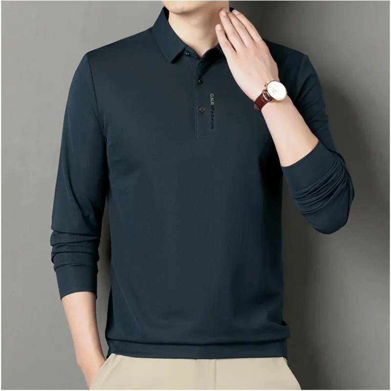 Waffle Mens Long Sleeve Tshirt Spring Lapel Business Casual Polo Shirt Elastic Base Top 241202