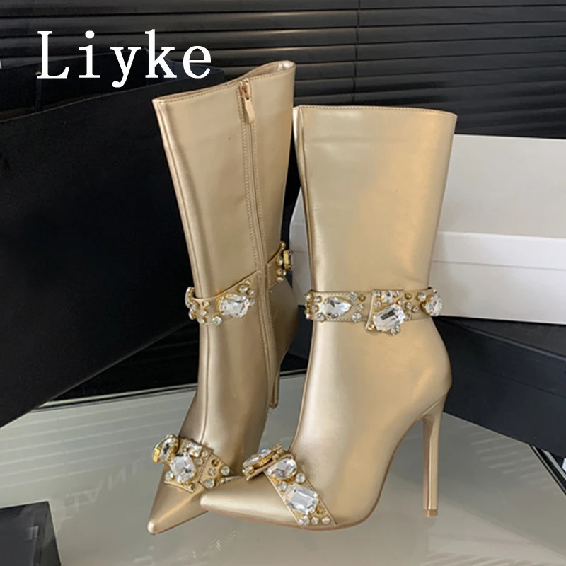 Liyke Fashion Crystal Gem Rivet Womens Autumn Winter Shoes Zipper Ankle Chelsea Boots Sexy Pointed Toe Party Stripping Shoes Boots 241206