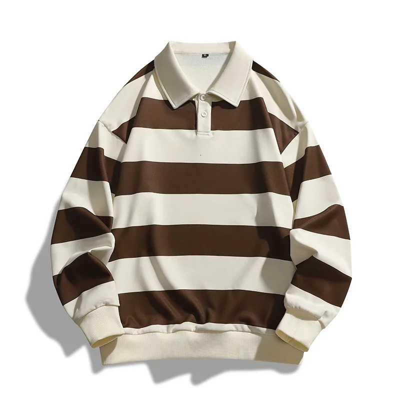 Mens polo shirt autumn fashion trend striped print casual loose outdoor camping collar top couple long sleeved T-shirt 241204