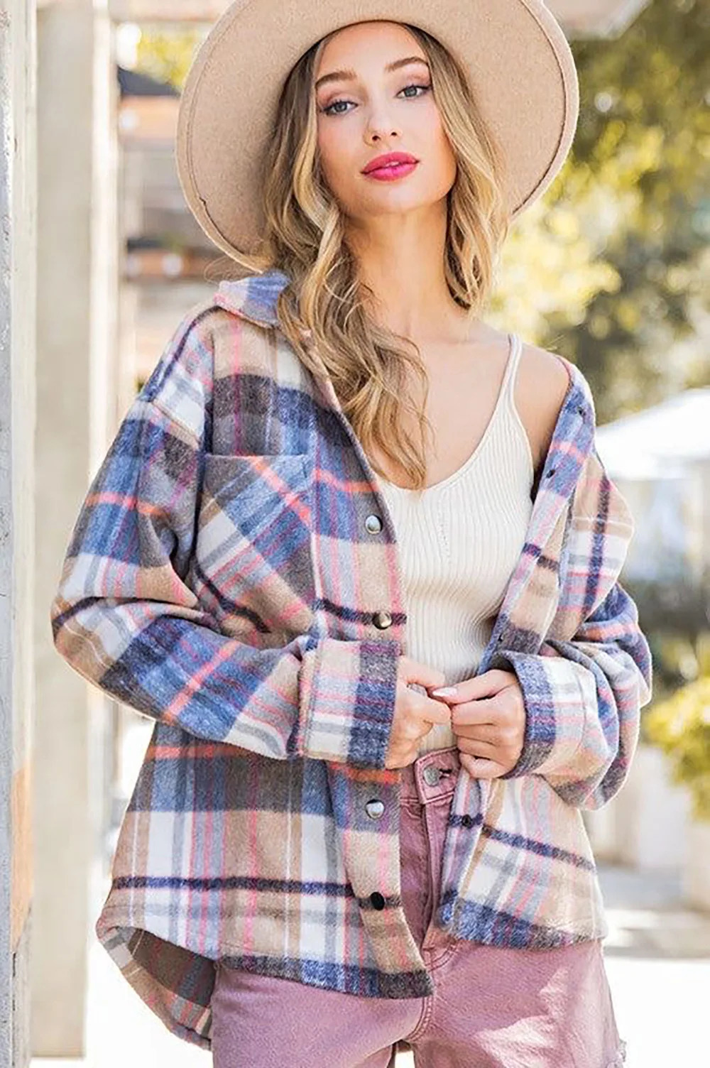 Womens Plaid Jacket Casual Loose Collared Woolen Coat 241202
