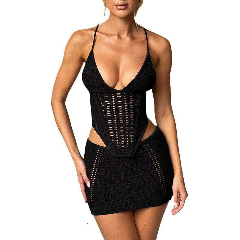 European and American Summer Women Solid Color Sexy Knitted Beach Bikini Swimsuit Hoodie Sunscreen Set 2024 New Casual Versatile Fashion Clothing