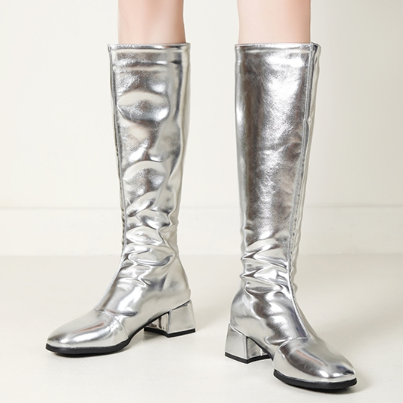 Women's Knee High Boots Winter 2024 Gold Sier Low Heeled Long Boot Ladies Party Footwear Shoes Large Size 45 Waterproof