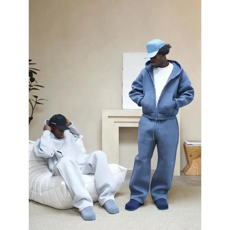Men's Casual Track Suit Set - Y2K Retro 2-Piece Hooded Zipper Jacket & Straight Pants, Autumn Plush Sweatshirt, Streetwear Jogging Outfit