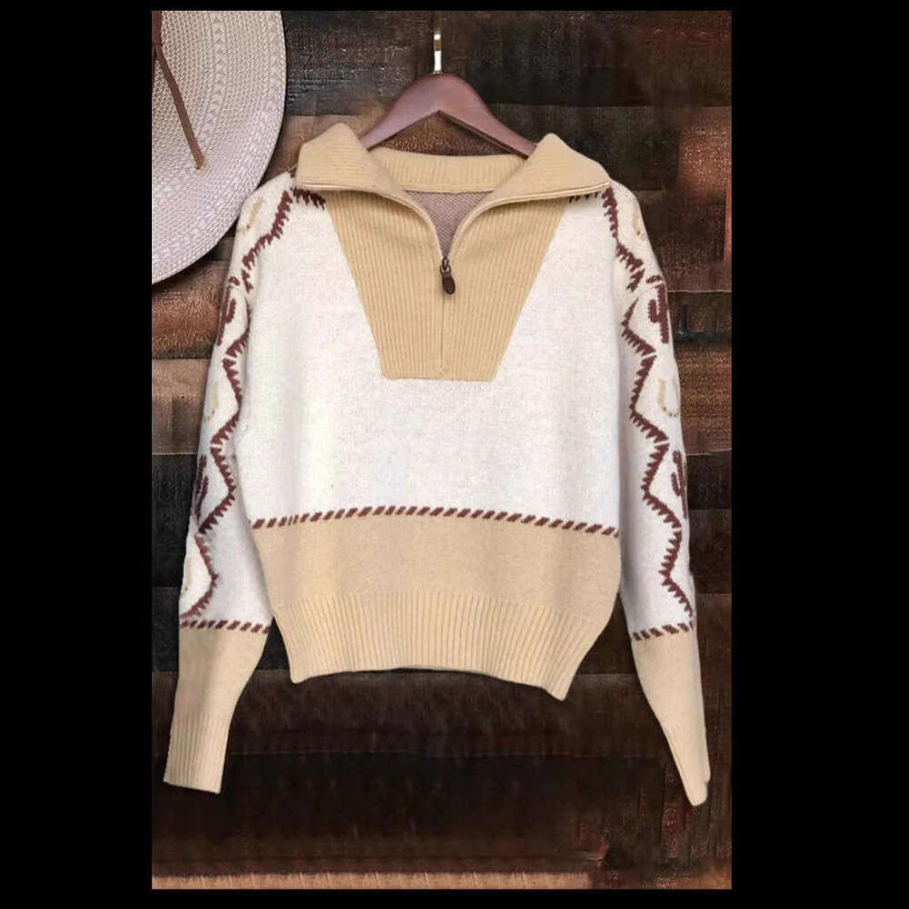 European American pullover loose print color blocked women's knitted sweater 2024 new style chic and elegant clothing