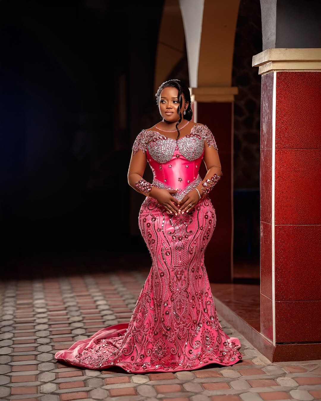 Pink Mermaid Prom Dresses 2025 Beaded Full Sleeves Sequined Crystals Evening Formal Party Second Birthday Engagement Gowns Plus Size Dress For Special