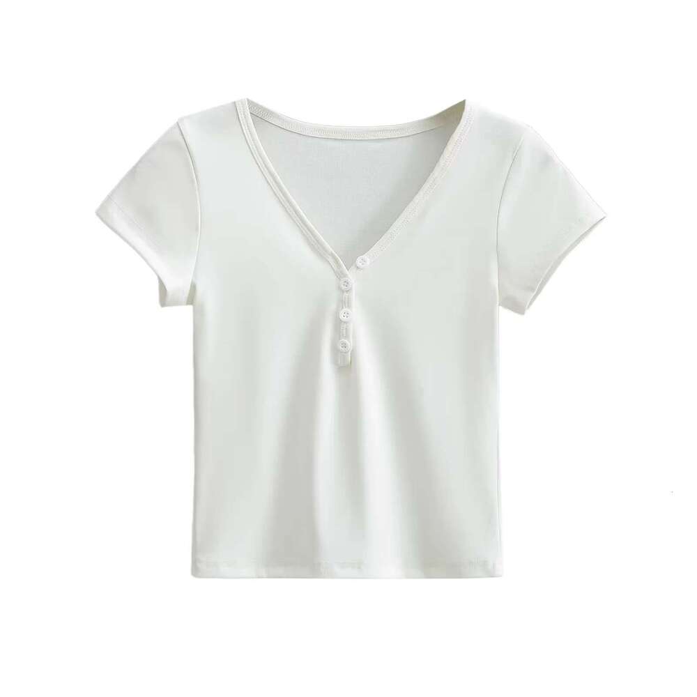 Kardashian's same American V-neck button slim fit T-shirt for women's summer solid color high waist tight short sleeved top wholesale 2024 t