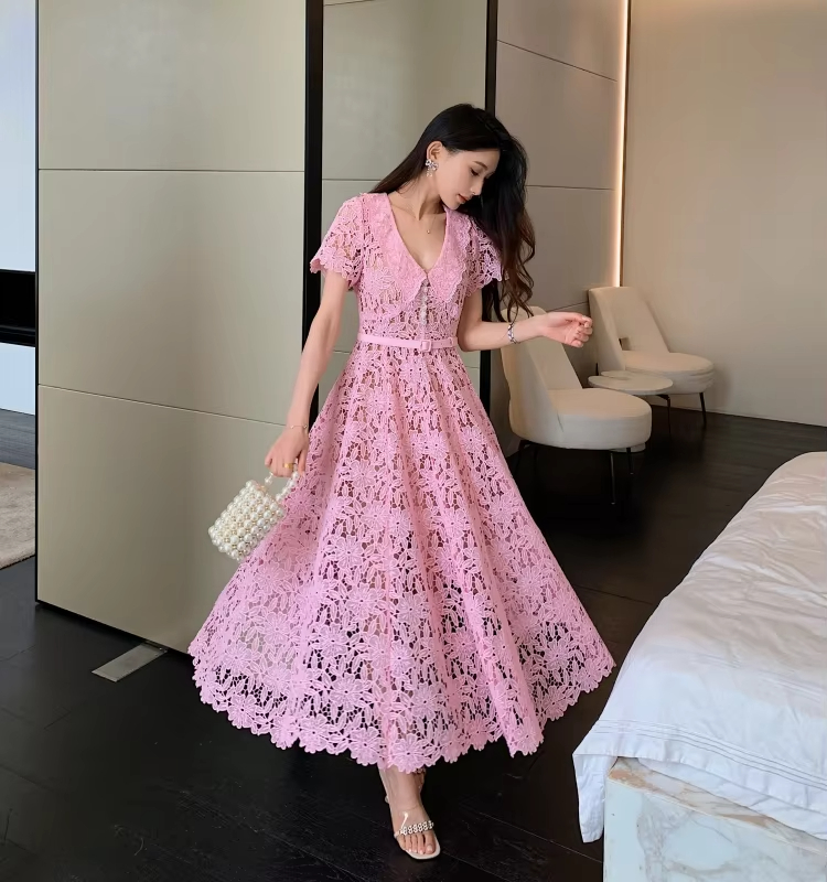 Prom Dress Women Runway Designer Quality Button Dias Long Party Summer Holiday Elegant Short Sleeve Midi Dresses Retro 2025