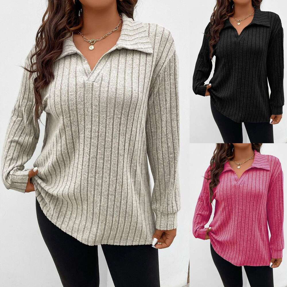 autumn and winter solid color plus size women's top V-neck long sleeved pit stripe brushed T-shirt loose 2024 temperament versatile new trendy cl