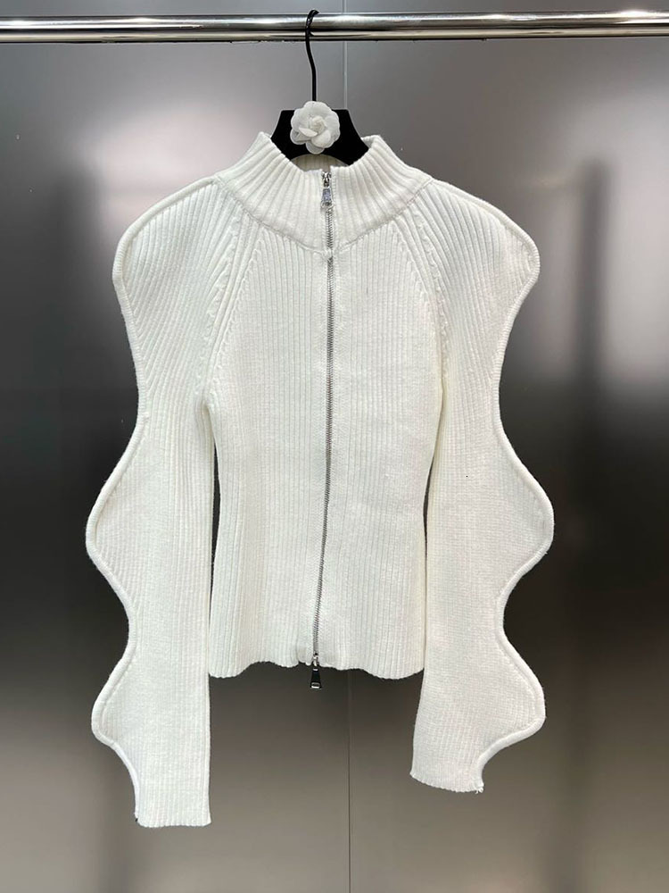 Fashion Women's Irregular Wave Edge Knitted Cardigan 2023 Autumn Stand Collar Long Sleeve Zipper Sweater Female