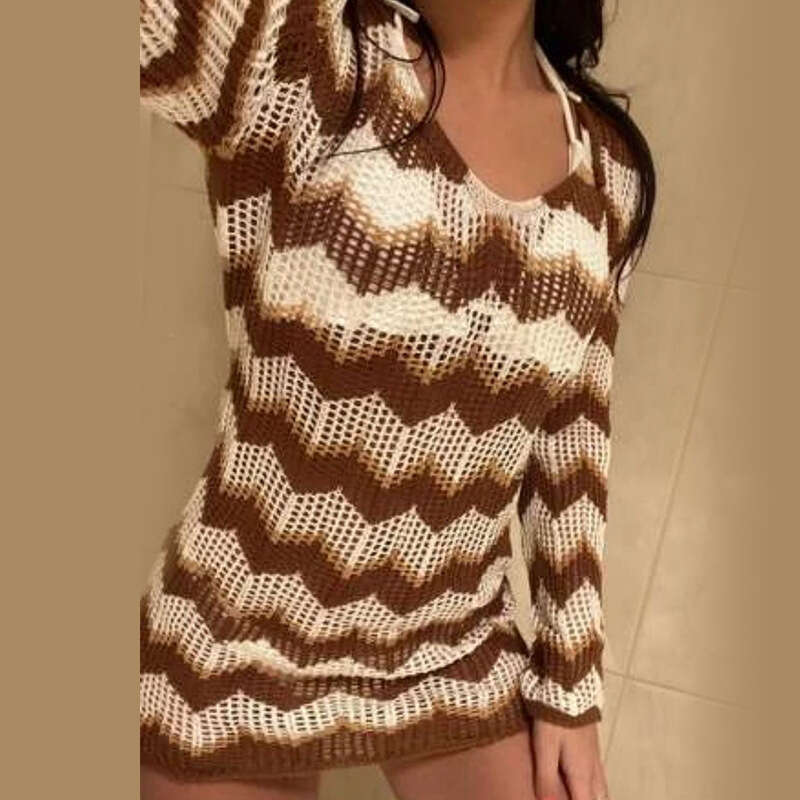 European and American autumn knitted dress women's long sleeved striped contrasting backless lace up sexy hip hing short skirt 2024 new casual ve