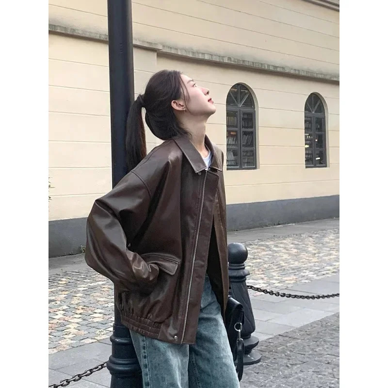 Vintage Brown Leather Womens Cropped Jacket 2024 Spring Autumn Petite Korean Style Loose Fit Cl Motorcycle Jacke 241202