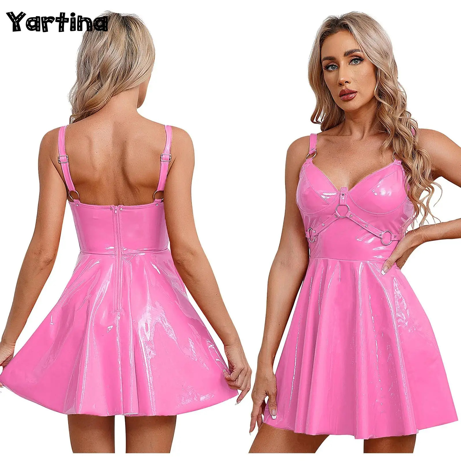 Womens patented leather anti slip latex dress A-line strap zipper mini dress with O-ring rivets wet appearance Gothic punk club uniform 241205