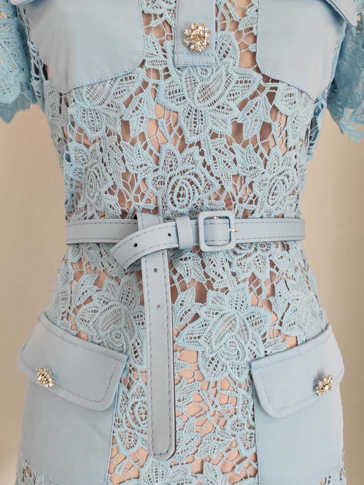 Basic Casual Women Dresses Summer Runway Hollow Out Flower Embroidery Lace Ruffles Mini Dress Womens O-Neck Diamonds Buttons Belt Party Short Vestidos