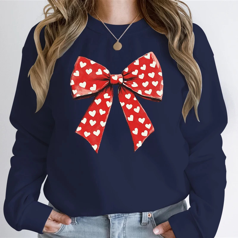 Womens Retro Bow Lovers Day Sweatshirt Anniversary Gift Fashion Casual Hoodie 241206