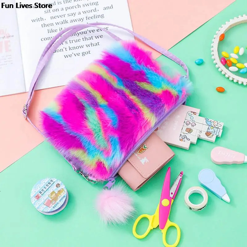 Rainbow Plush Shoulder Bag Colorful Fur Handbag Womens Fashion Cross body Girls Can Be Mischievous with 241206