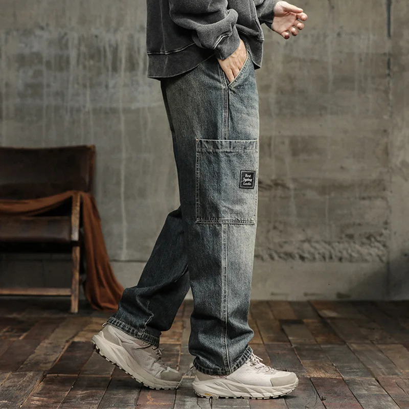 Spring and autumn Japanese mens jeans mens fashion straight tube loose casual large pocket pants 241204
