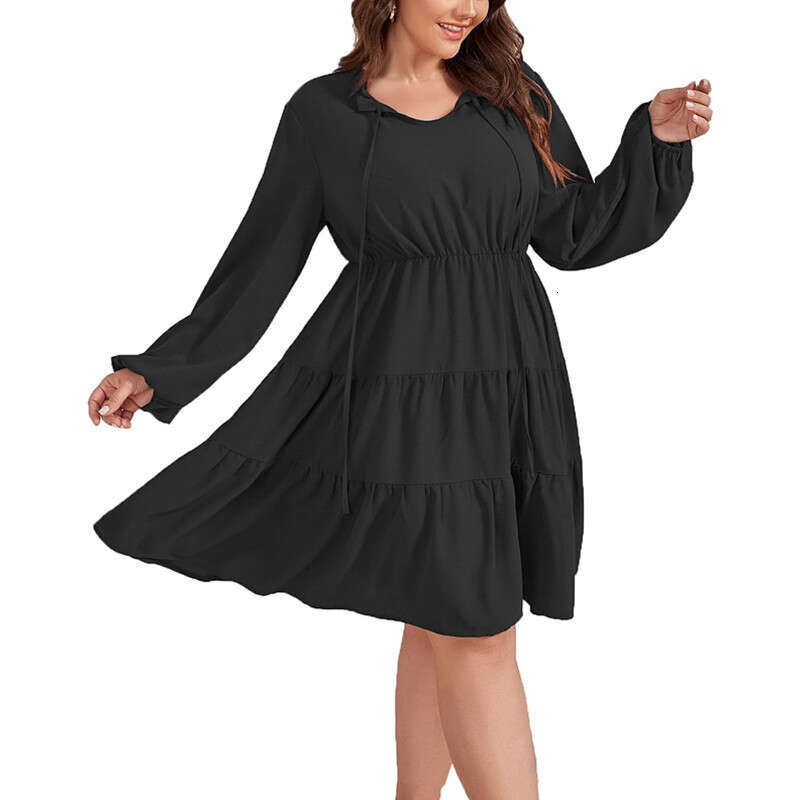 European American Spring/Summer Solid Color Sleeve Lace Up Large Size Women's Long Dress 2024 New Collection of Casual and Versatile Fashion Clot