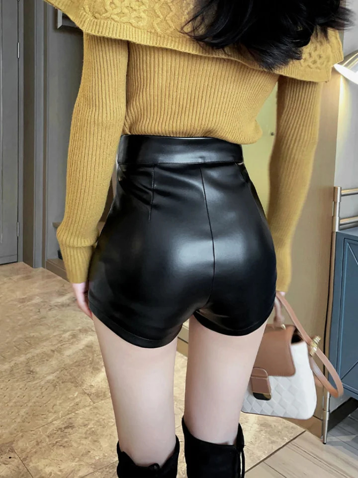 PU leather high waisted shorts womens ultra-thin shorts bottom tight shorts hip tight shorts 241206