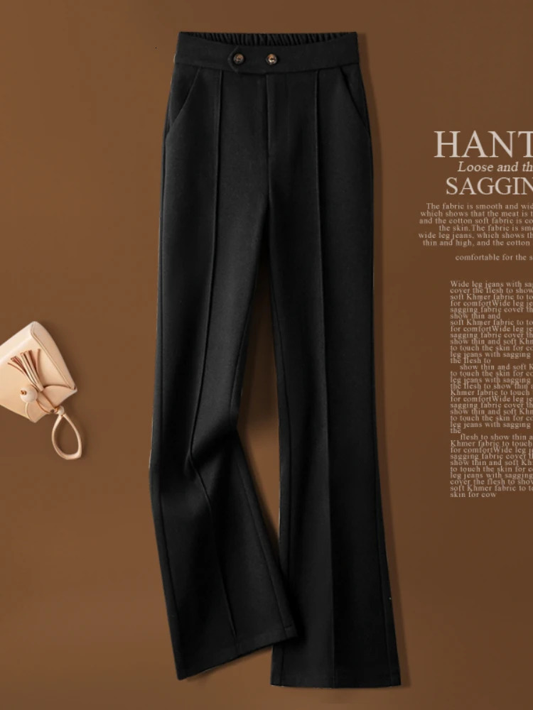 Herringbone Woolen Women's Autumn And Winter New Elastic Waist Flare Pants Fashion Warm Comfort Black Trousers Women