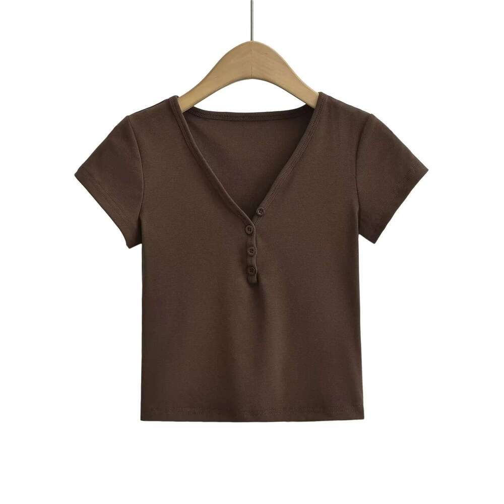 Kardashian's same American V-neck button slim fit T-shirt for women's summer solid color high waist tight short sleeved top wholesale 2024 t